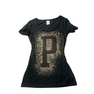 Y2K PINK Victoria's Secret Black‎ Sequin Graphic Tee Shirt XS